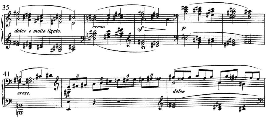Ex. 5: Beethoven, Waldstein Sonata, I, mm. 35 43 (1804) E: I V 8 7 6 5 4 3 V 8 3 6 7 4 5 I Sixth and fourth resolve upward (cf. m. 37).