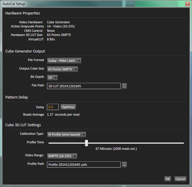 Figure 3. CalMAN AutoCal Setup dialog, for selecting 3D LUT creation options. 2. Under Output Cube Size, select either: 65 Points SMPTE (to support the Dolby SMPTE range), or.