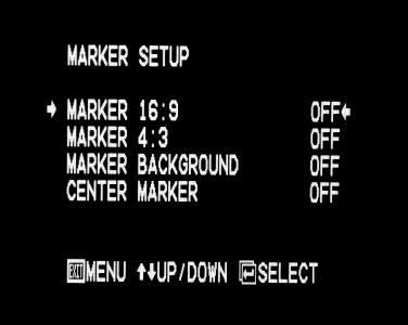 On-Screen Menu (continued) On-Screen Menu (continued) MARKER SETUP SUBMENU MARKER SETUP SUBMENU (continued) 4:3 Markers Use this setting to superimpose one of 5 markers on the screen when in 4:3 mode.