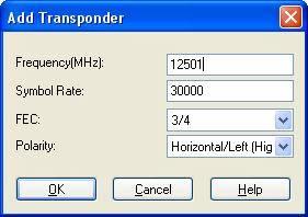 o New: add transponder. click "New" button, type Frequency, Symbol Rate, Polarity and FEC. All of these parameters can be accessed in the relative website.