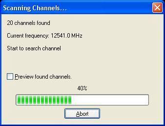 B. Manually Scan Channels In TV Advanced Panel click ; In EPG_Channels window click ; Go to Options-> DTV window, click "Scan" button under "DTV Source". C. Abort Scanning: Just press "Abort" button to stop scanning.