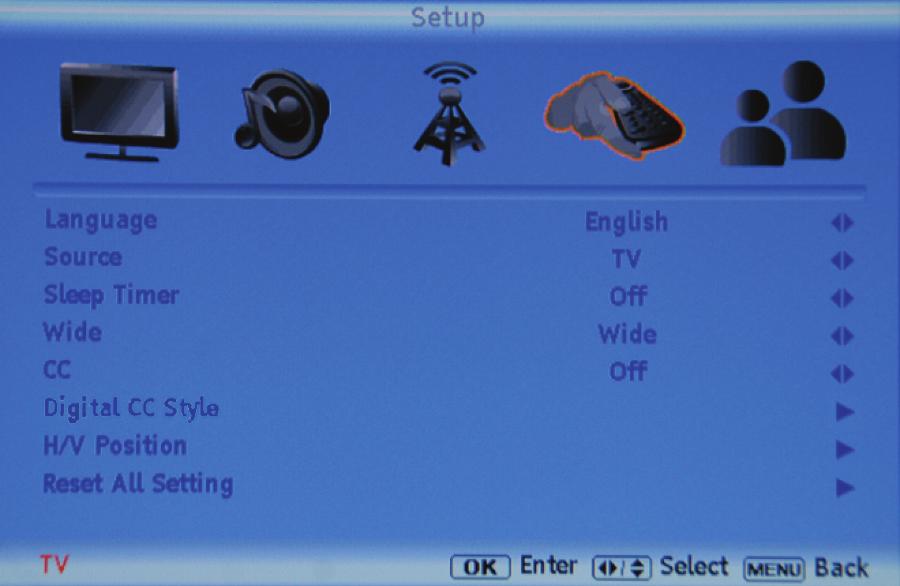 Adjusting the Setup settings When viewing a DTV / TV or an HDMI, Component, AV, or PC source, the following setup adjustment OSD screens are available when you press MENU on the remote control.