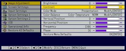Basic Setup Menu Example The procedure below shows how to configure the following three settings: Image Adjustment Contrast Image Adjustment Color Mode Option Settings 1 Eco Mode Note Certain