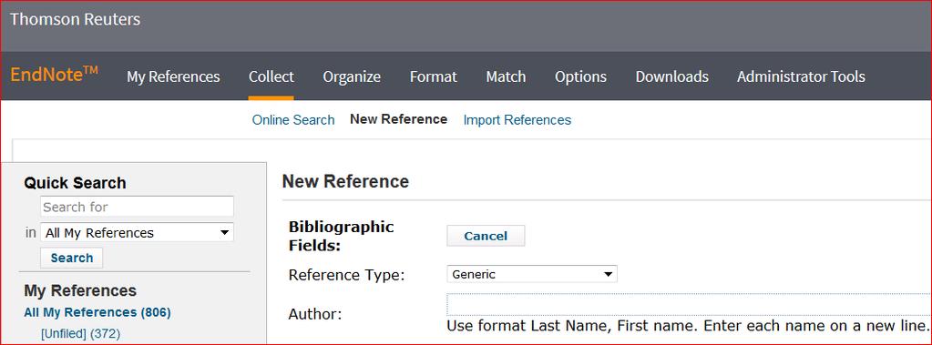 2. Manually adding references to your EndNote online library 1. Choose Collect from the tabs along the top.