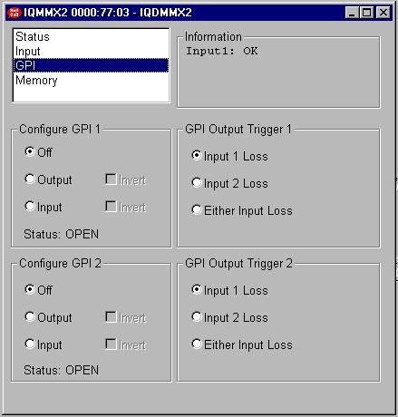 GPI MENU This menu controls the configuration of the GPI port available on the double width module.