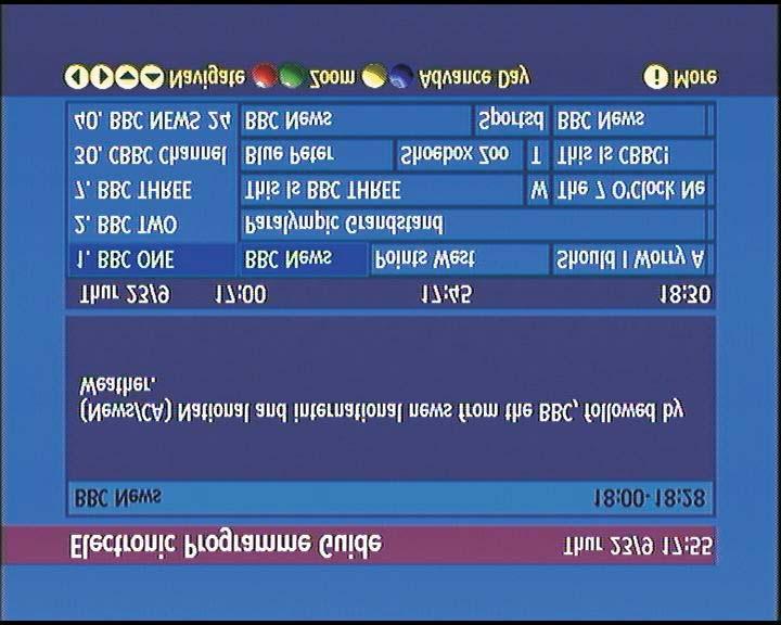 2 Everyday Operation (continued) TIMELINE - EPG The second style of EPG is the timeline guide. The channel names and numbers run down the screen on the left and the programmes are shown to the right.