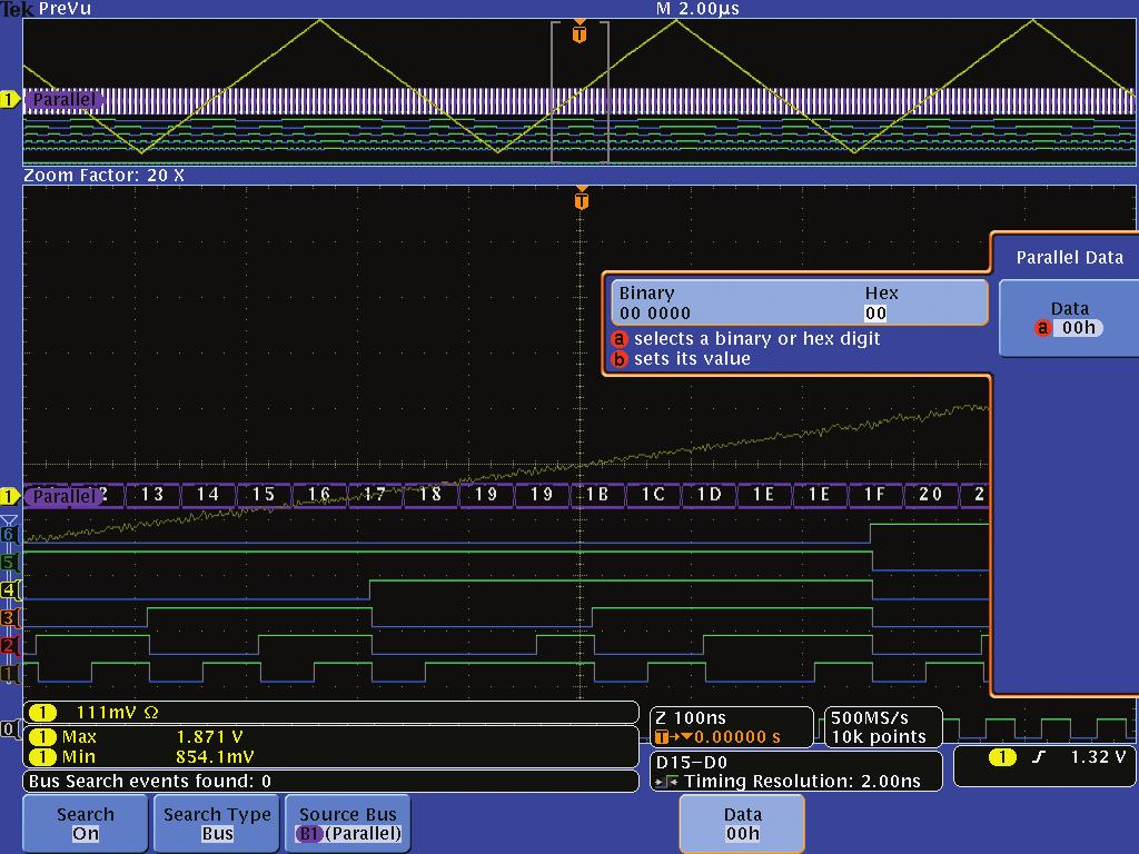 Application Note Figure 24. The oscilloscope triggered on the rising edge of the input to the ADC and Wave Inspector zooms in so that parallel bus decode hex values are easily seen.