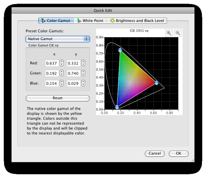 This difference is due to the different spectrum of light that makes up the screen image on the wide color gamut compared to that of a standard color gamut monitor.