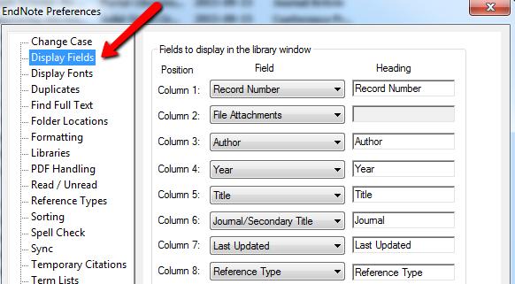Customise the Appearance of your EndNote Library The fields displayed can be changed according to your own preferences. Go to Edit Preferences and choose Display Fields.