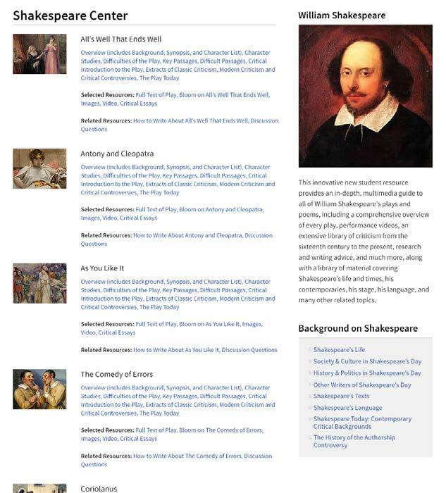 New, Comprehensive Shakespeare Center Everything Your Students Need to Study Shakespeare Coverage of each play includes: The full, searchable text of the play Analysis of key passages Critical