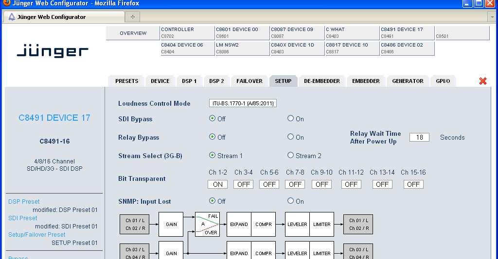 SETUP On the SETUP page you may set global parameters and you get an overview of the function blocks of the. Loudness Control Mode [Level, ITU-BS.