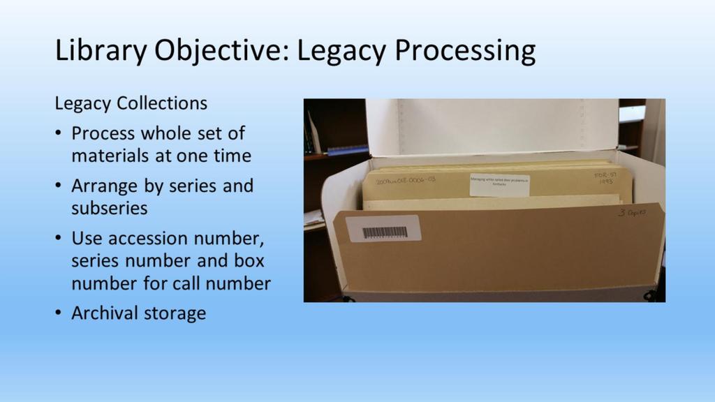 With the legacy collections of publications, the entire holdings of a title is processed at the same time. The issues are reviewed to determine the best possible access for the issues.