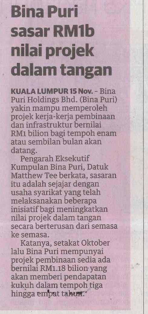 Newspaper : Utusan Malaysia Title : Bina Puri sasar RM1b