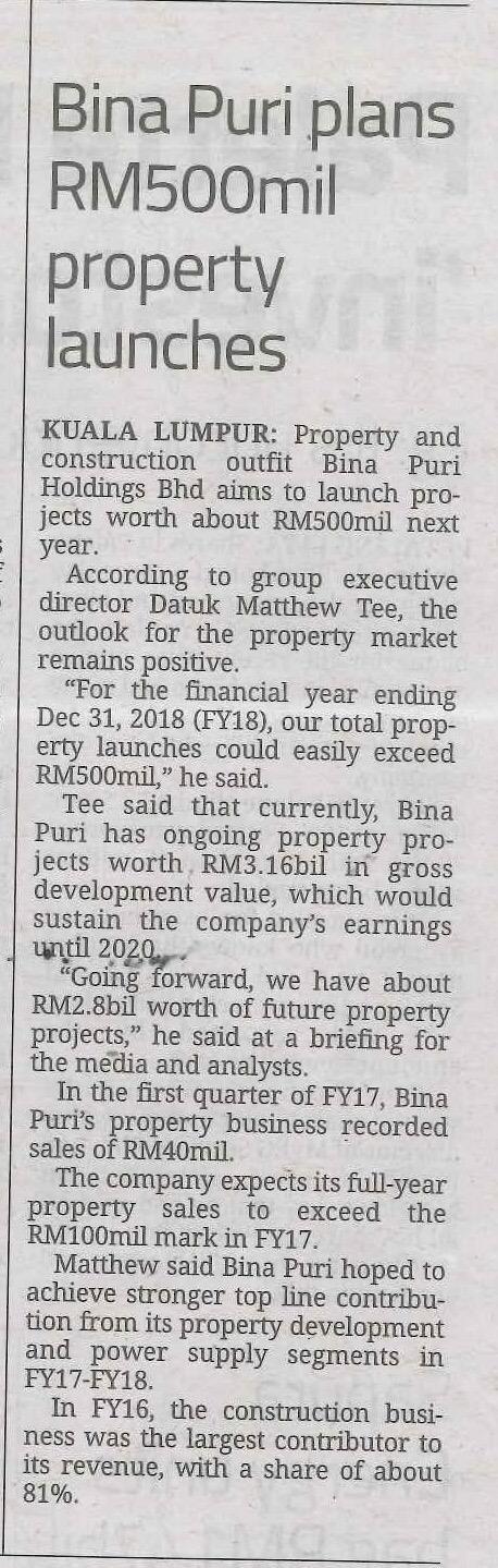 Newspaper : The Star Title : Bina Puri plans RM500mil