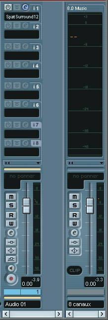 Insert a multichannel plugin, here the SpatSurround 12 : Since you have an 8 channel track, you can insert 8 (or more) channels plugins.