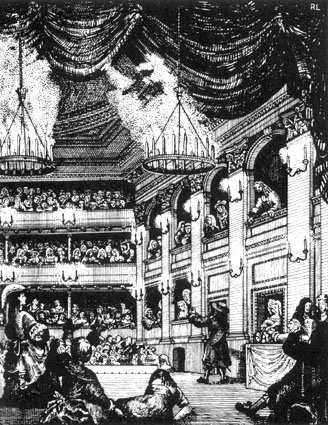 Drury Lane interior, 1674 One of the two Patent theatres Note