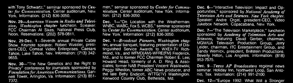 1- Broadcast Pioneers, Washington chapter, annual banquet, featuring presentation of Distinguished Service Awards to WXEX -TV Richmond, Va., and WFMD(AM) -WFRE(FM) Frederick, Md.