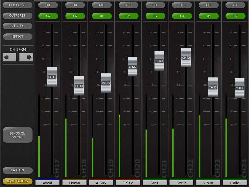 4.3 Channel Names and Colors The name and color of each channel appears in StageMix as it does in the LS9 console. The names are dimmed if the channel is switched off.