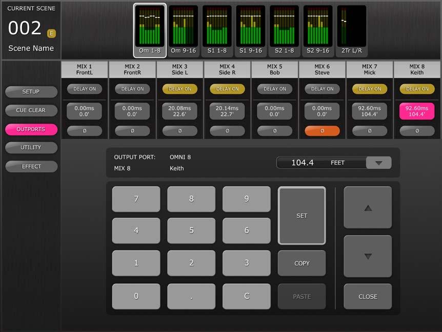 6.7 Delay Time Editor Tap on any of the Delay Time Display buttons to access the Delay Time Editor. The button for the Output Port channel being edited will be highlighted in dark pink.