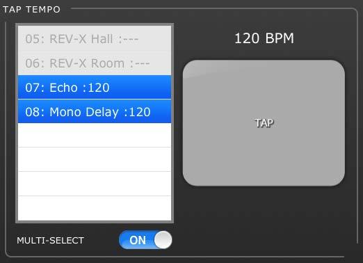 7.2 TAP TEMPO The Tap Tempo section in the Utility screen allows you to tap BPM values into effects in the console that include BPM parameters.