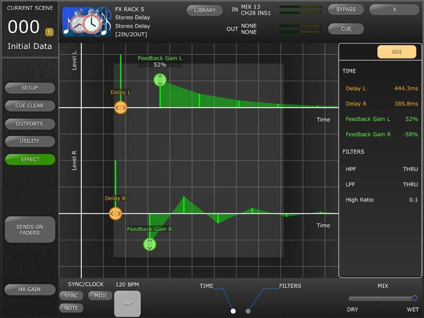 8.3.9 MONO/STEREO/MOD DELAY Parameters Tap the [TIME/LEVEL] tab to access the following parameters: Delay Feedback Gain Tap the [FILTERS] tab to access the following parameters: HPF LPF High Ratio