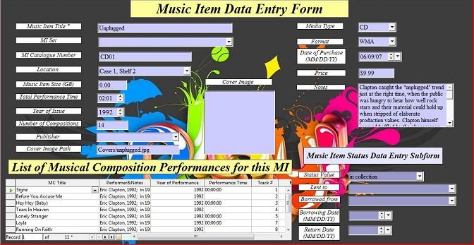 3.3. Music Item Data Entry Form This form (Fig.8) has one main form and two subforms and is designed for entering Music Item and its Description for the Music Item that is not a part of a Set.