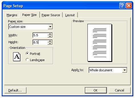 ...select Custom Size, then enter the dimensions. Half-letter: 8.5 H X 5.5 W Half-legal: 8.5 H X 7 W You may also want to adjust your margins. Default margins in Word are 1 at top and bottom and 1.