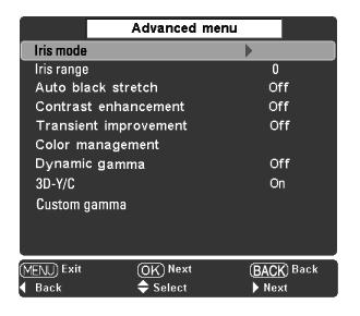 Image Adjustment Advanced menu This function can be selected only when Advanced menu in the Setting Menu (see page 37) is set to On. You can adjust the following items through this function.