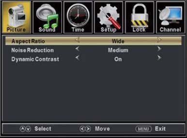 a. Press / buttontoselect Aspect Ratio and press the / button to select. b. Press / button to select Noise Reduction and press the / button to select. c.