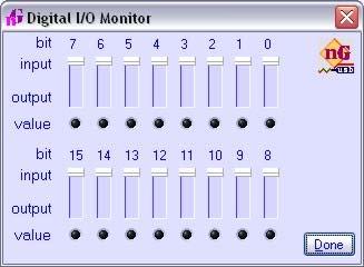 NG Main Window Page 8 of 17 Figure 5 Figure 5 shows the DIGITAL I/O control window. There are 16 programmable I/O ports.