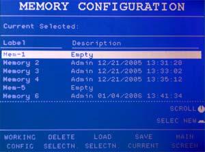 Save/Load a memory 1. Select WORKING CONFIG 2.