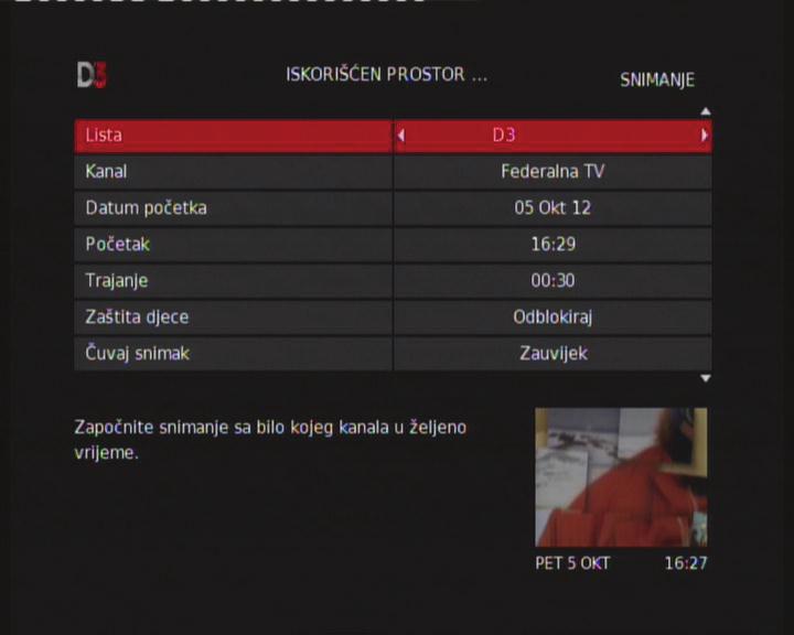Snimci Prikazuje listu programa sačuvanih na vašem DV-u. aspored Prikazuje listu programa čije snimanje je zakazano. Snimanje Omogućava vam da ručno podesite snimanje izborom kanala, datuma i vremena.