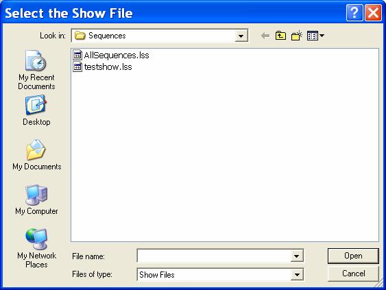 Click the button to the right of the File field. You will see this window: Select the show you created in the Show Editor and click the Open button.