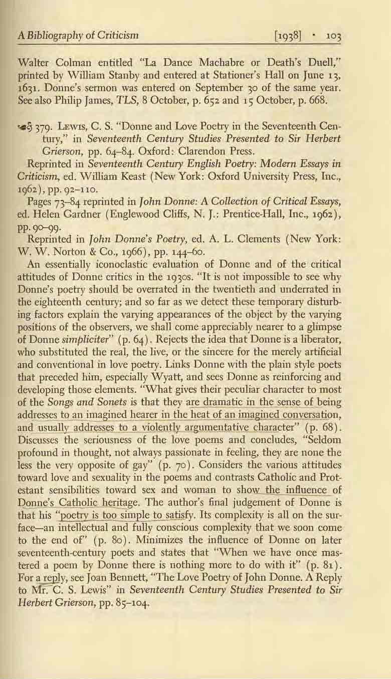 A Bibliograplly of Criticism Walter Colman entitled "La Dance Machabre or Death's Duell," printed by W illiam Stanby and entered at Stationer's Hall on June 13, 1631.