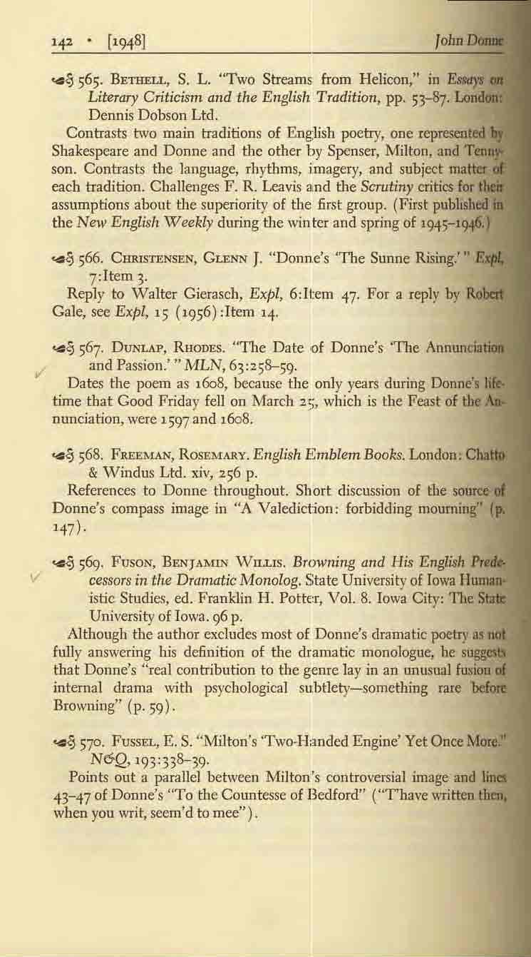 ... {! 565. BETHELL, S. L. "Two Streams from Helicon," in Literary Criticism and the English Tradition, pp. 53-87. Dennis Dobson Ltd. Contrasts two main traditions of EngJish poetry, one rcpr",,,,.