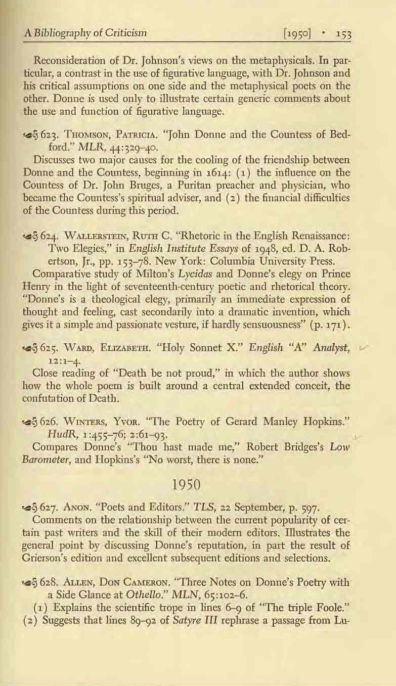 A Bibliography at Criticism '53 Reconsideration of Dr. Johnson's views on the metapbysicals. In particular, a contrast in the use of figurative language, with Dr.