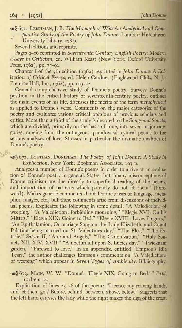 John DollDC, ~ 671. UlSlTh1A.N, J. B. The Monarch of '\17it: An Analytical and C~ parative Study of the Poetry of John Donne. London: Hutchinson.; University Library. 278 p.