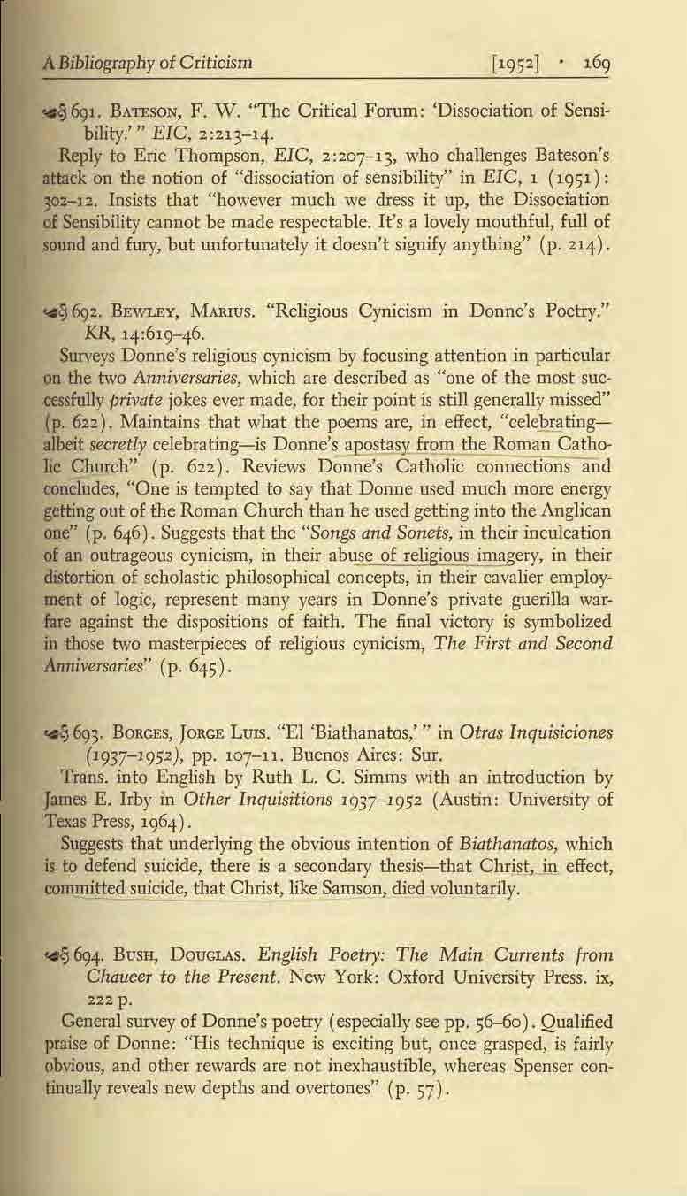 A Bibliography ot Criticism ~&}J. BATESON, F. W. "The Critical Forum: 'Dissociation of Sensibility.'" EIC, 2:213-14.