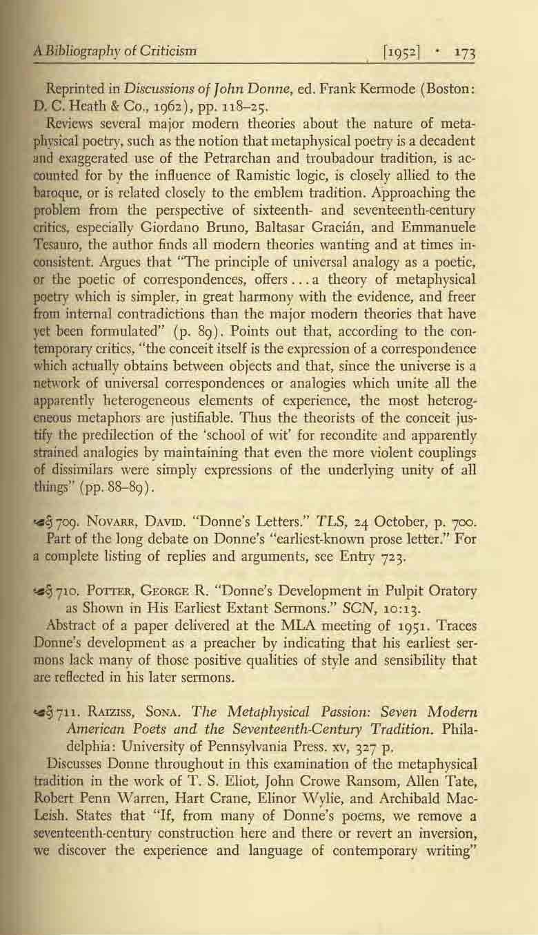 A Bibliograplly of Criticism ' 73 Reprinted in Discussions of Jolm Donlle, ed. Frank Kennode (Boston: D. C. Heath & Co., Hi62), pp. 11 8-25.