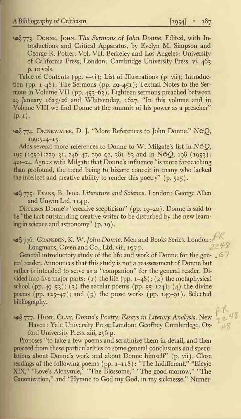 A Bibliography of Criticism ~ 773. DoNNE, JOHN. The Sermons of Jolm Donne. Edited, with Introductions and Critical Apparatus, by Evelyn M. Simpson and George R. Potter. Vol. VII.