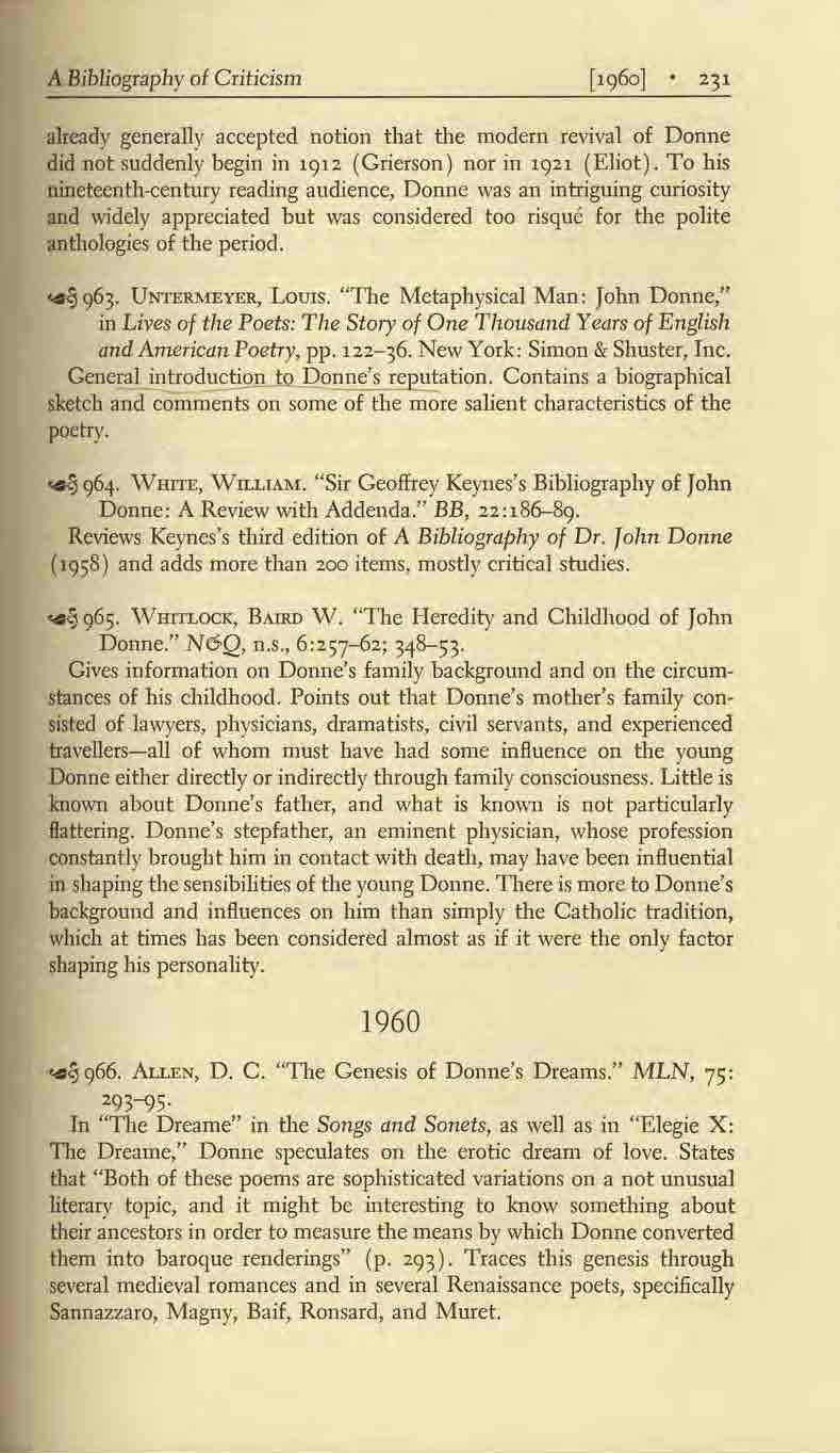 A Bibliography of Criticism already generally accepted notion that the modem revival of Donne did not suddenly begin in 1912 (Grierson) nor in 1911 (Eliot).