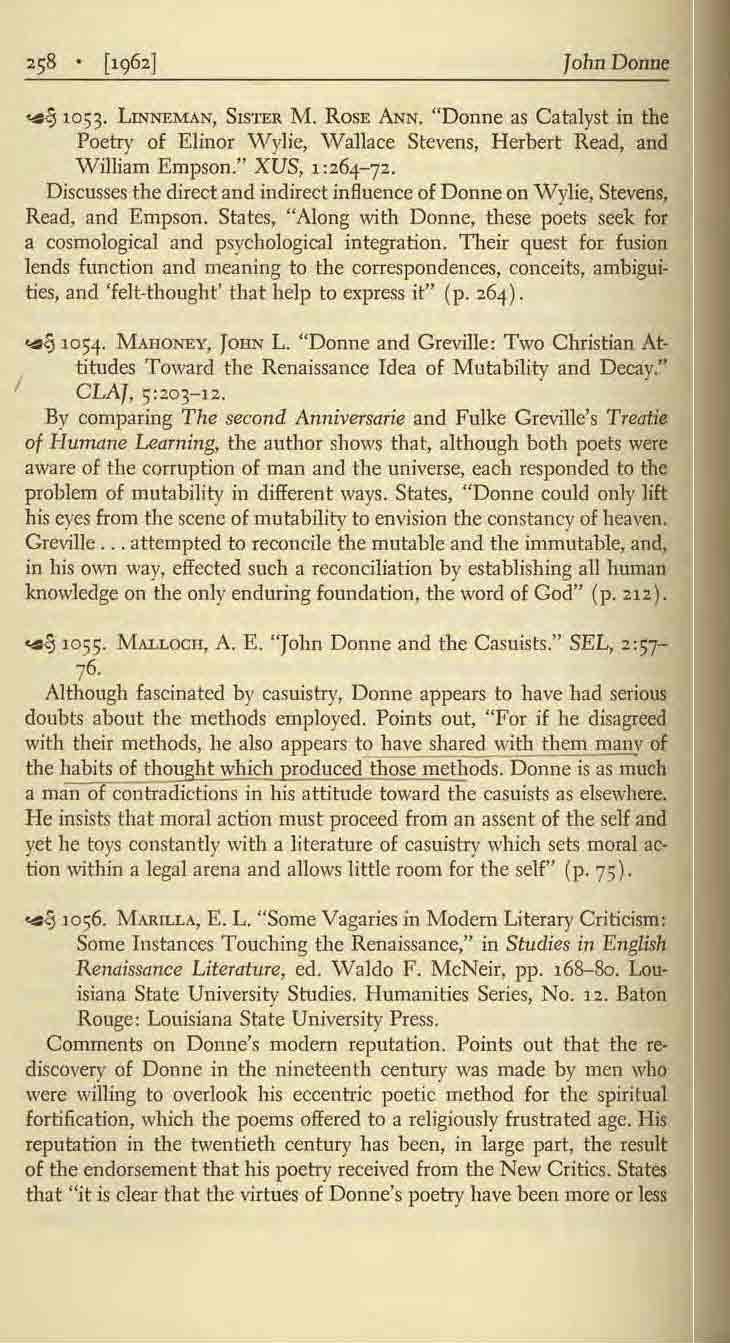 John Donne... tj 10530 LINNEl\IAN, SISTER M. ROSE ANN. "Donne as Catalyst in the Poetry of Elinor Wylie, ' Vallace Stevens, Herbert Read, and 'VilJiam Empson." XVS, 1 :264-72.