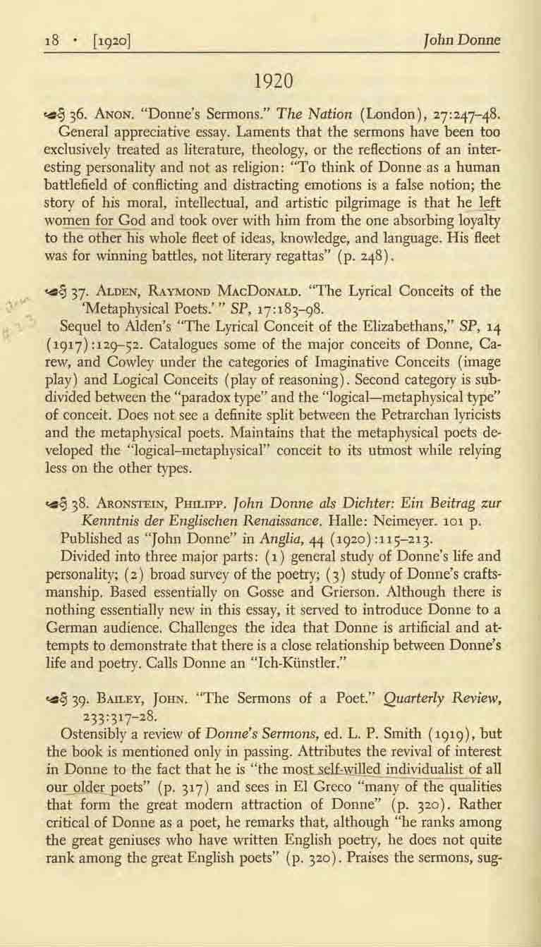 Jolm Donne 1920 ~ 36. ANON. "Donne's Sennons." The Nation (London), 27:247-48. General appreciative essay.