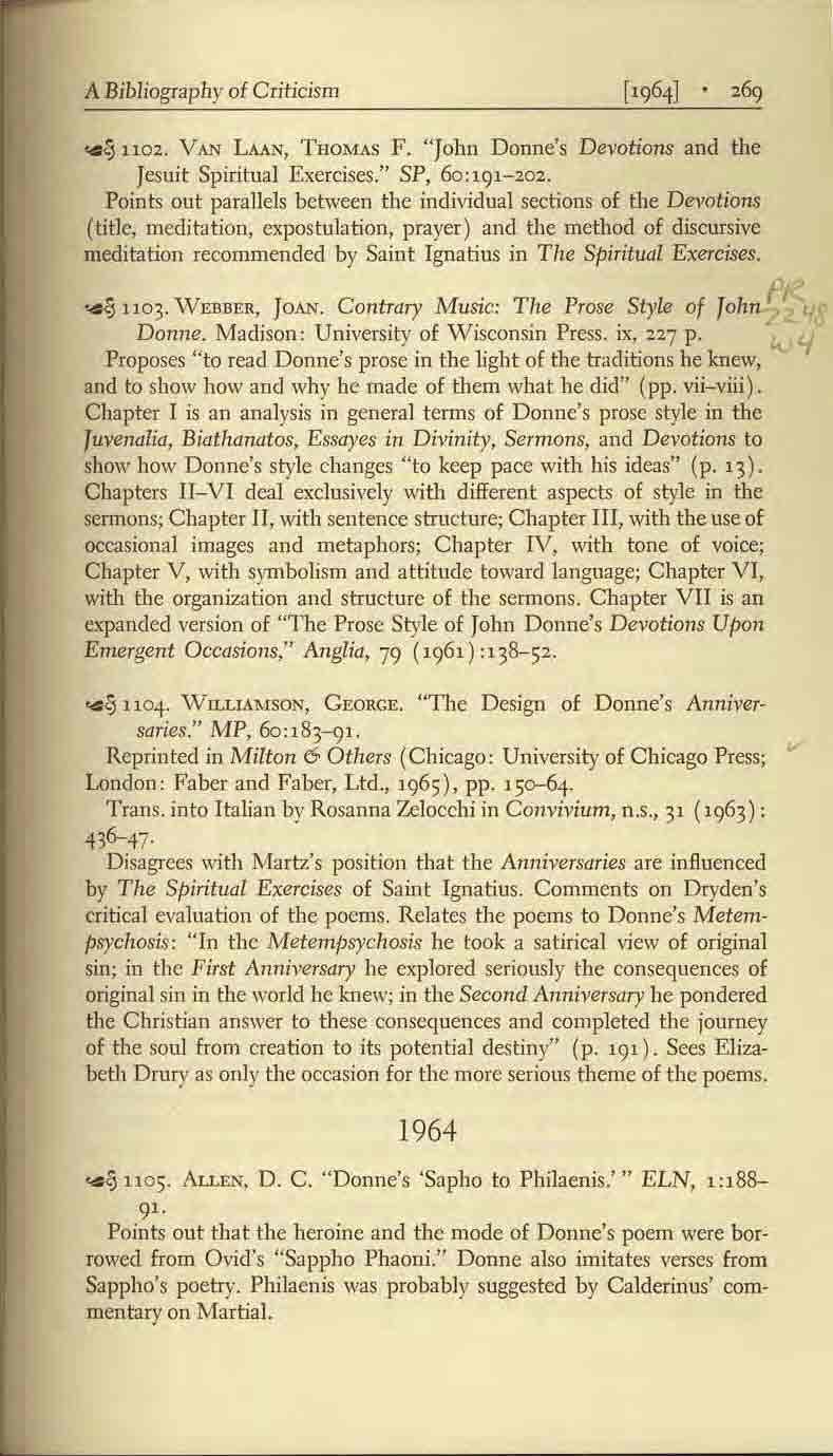 A Bibliography ot Criticism.. ~ 1102. VAN Lv.N, THOMAS F. "John Donne's Devotions and the Jesuit Spiritual Exercises." SP, 60:191-202.
