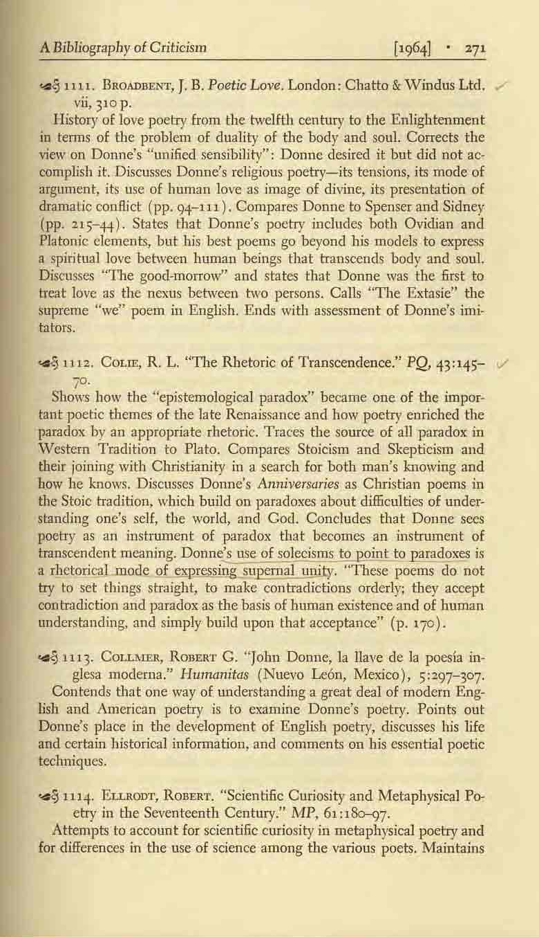 A BibliograpIly at Criticism...!j 1111. BROADBENT, J. B. Poetic Love. London: Chatto & Windus Ltd.,/ vii, 310 p.