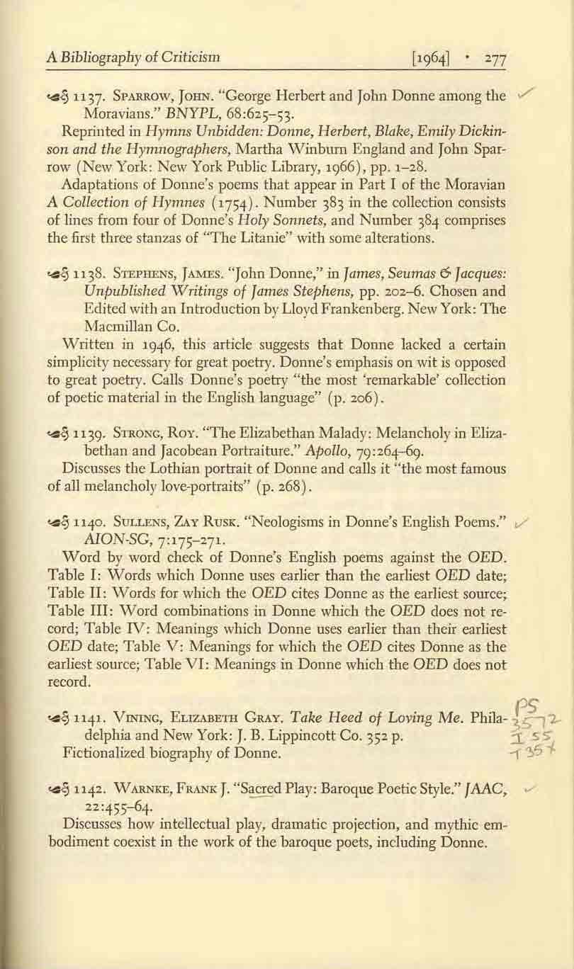 A Bibliography of Criticism '4.!j 1137. SPARROW, JOHN. "George Herbert and John Donne among the./ Moravians.