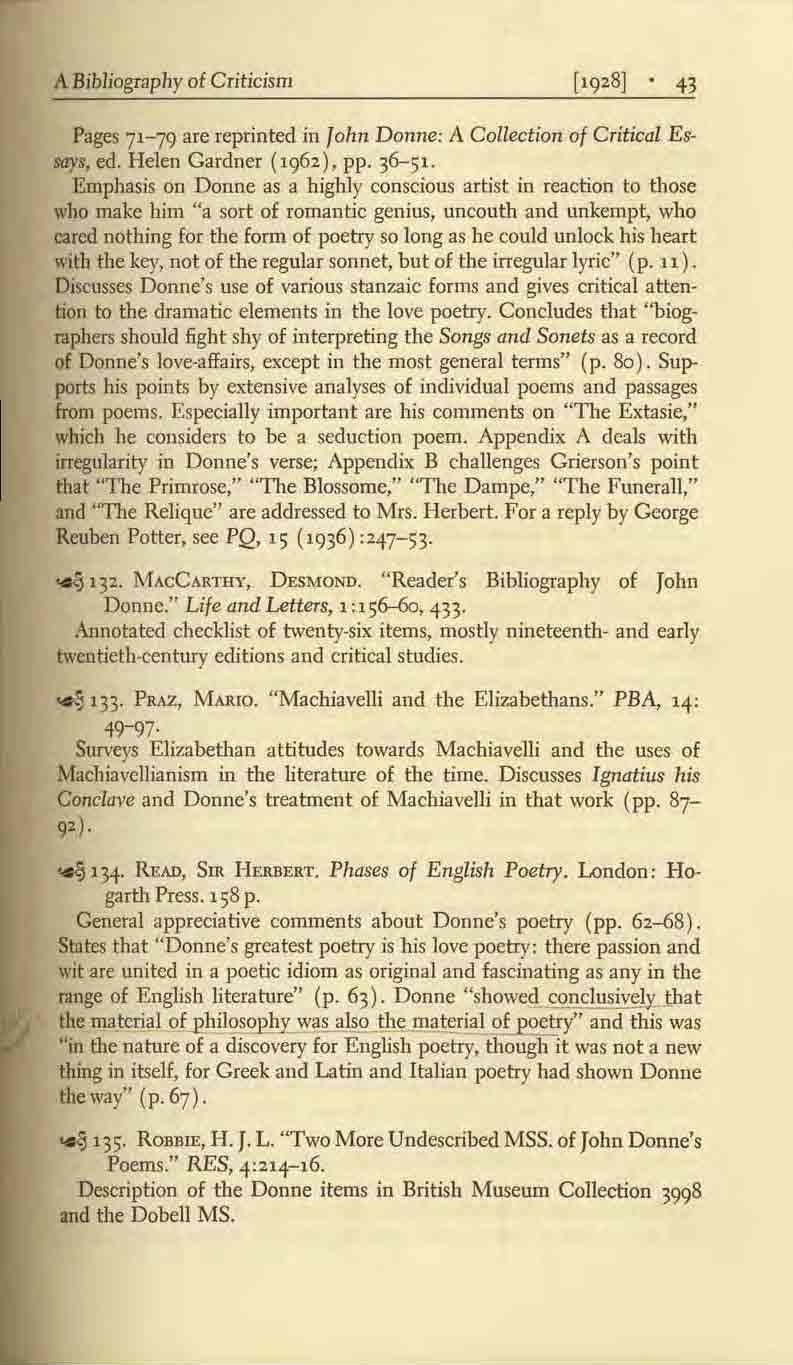 A Bibliography of Criticism Pages 71-79 are reprinted in John Donne: A Collection of Critical Esgays, ed. Helen Gardner (1 2), pp. 36-51.