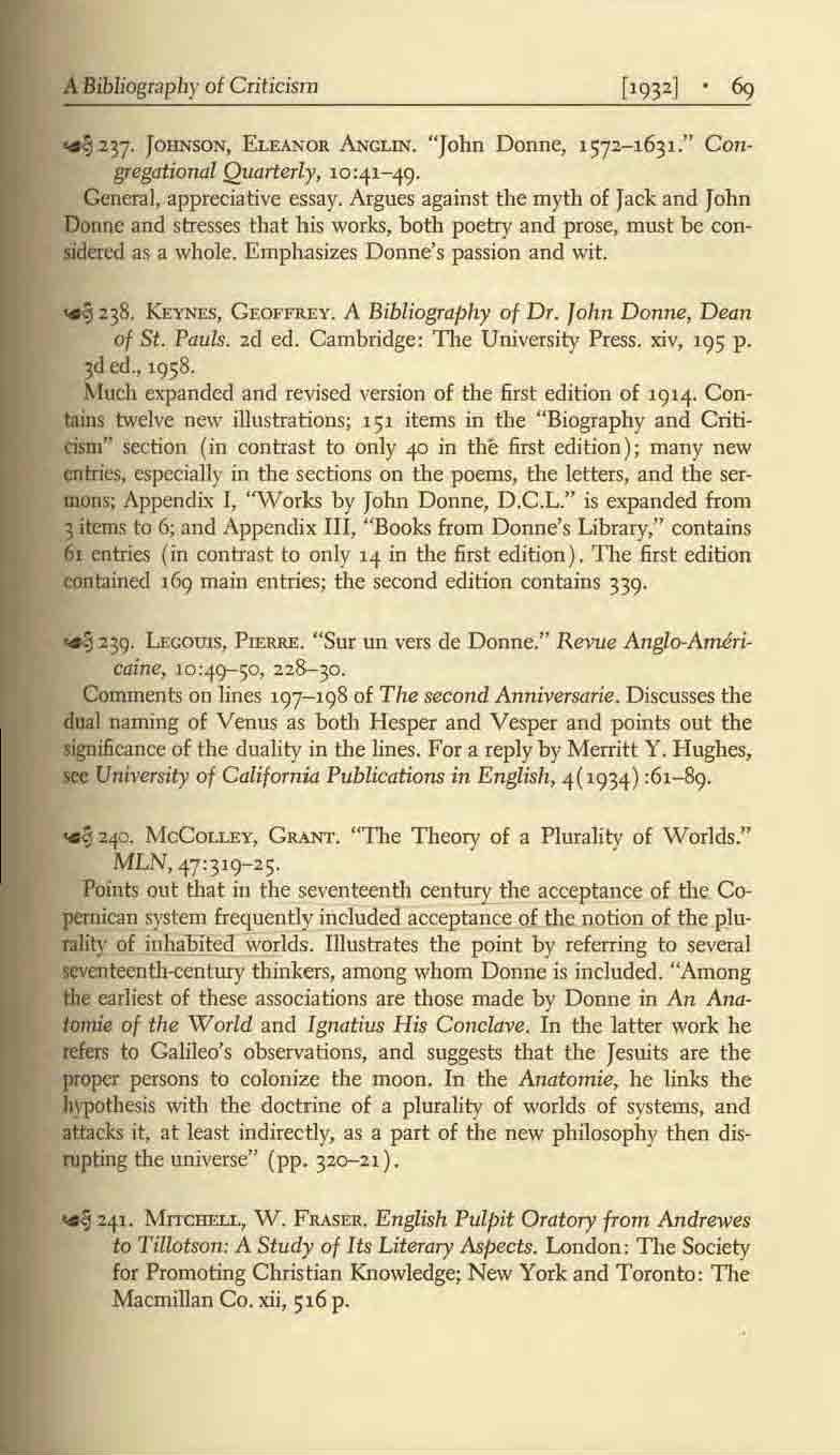 A Bibliography ot Criticism ~2n. JOllNSON, ELEANOR ANCLIN. "John Donne, 1572-1631." Congregational Quarterly, 10:41-49. General, appreciative essay.