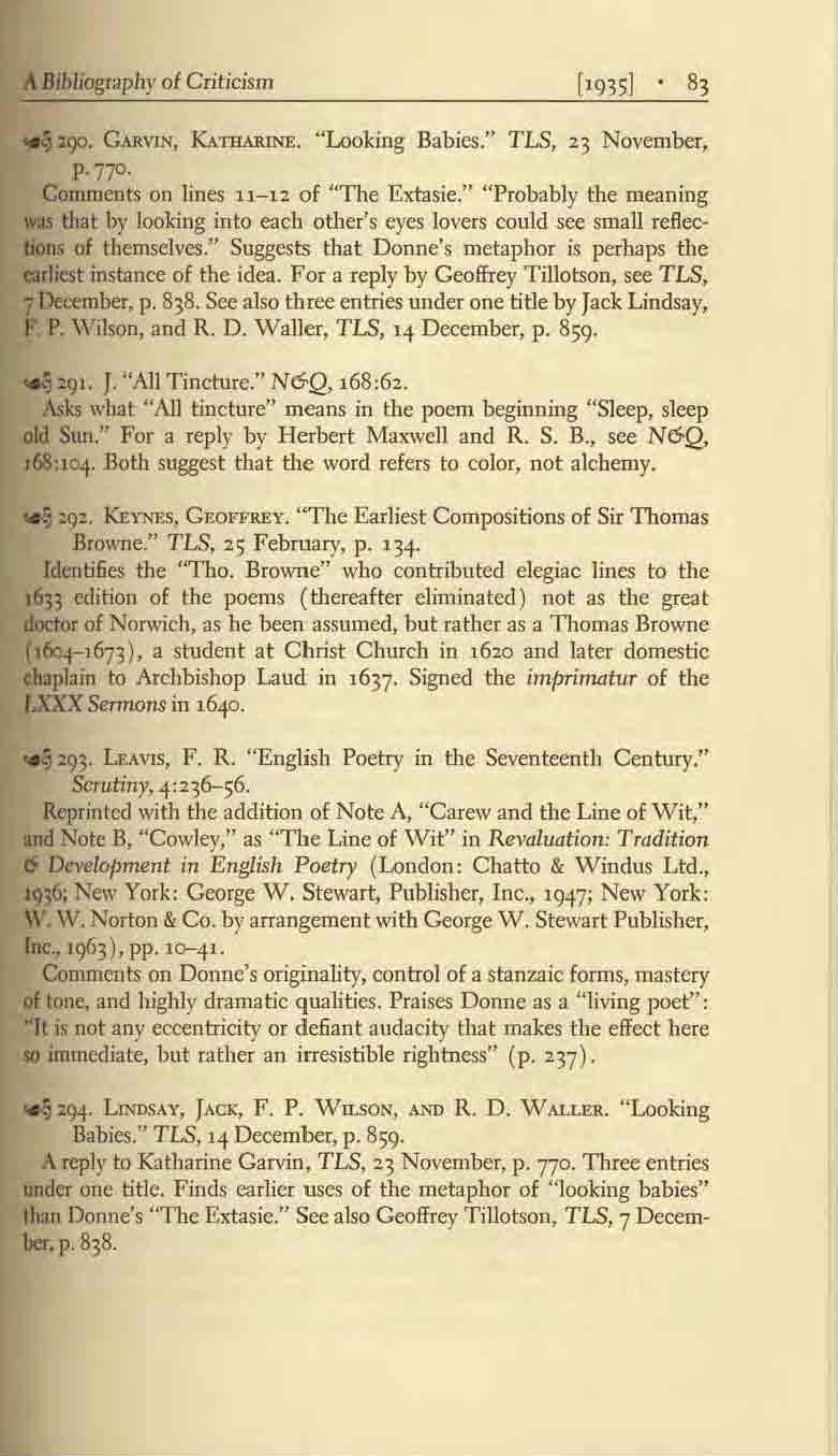 A Bihliogmphy of Criticism 'JI4i90. GARVIN, KATIIARINE. "Looking Babies." TLS, 23 November, P 77 ' Comments on lines 11-12 of "The Extasie." "Probably the meaning r.