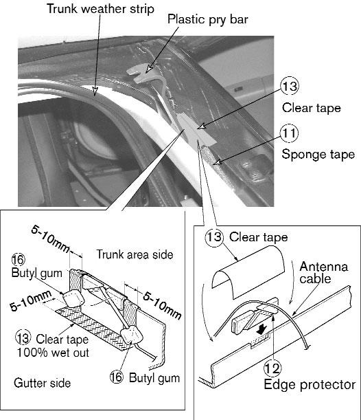 350Z Coupe Top right section of trunk NOTE figure 11-1 figure 11-2 figure 11 The following steps 29 to 36 are critical to water leak, therefore must be followed strictly. 29. Attach the 12 edge protector over the notch.